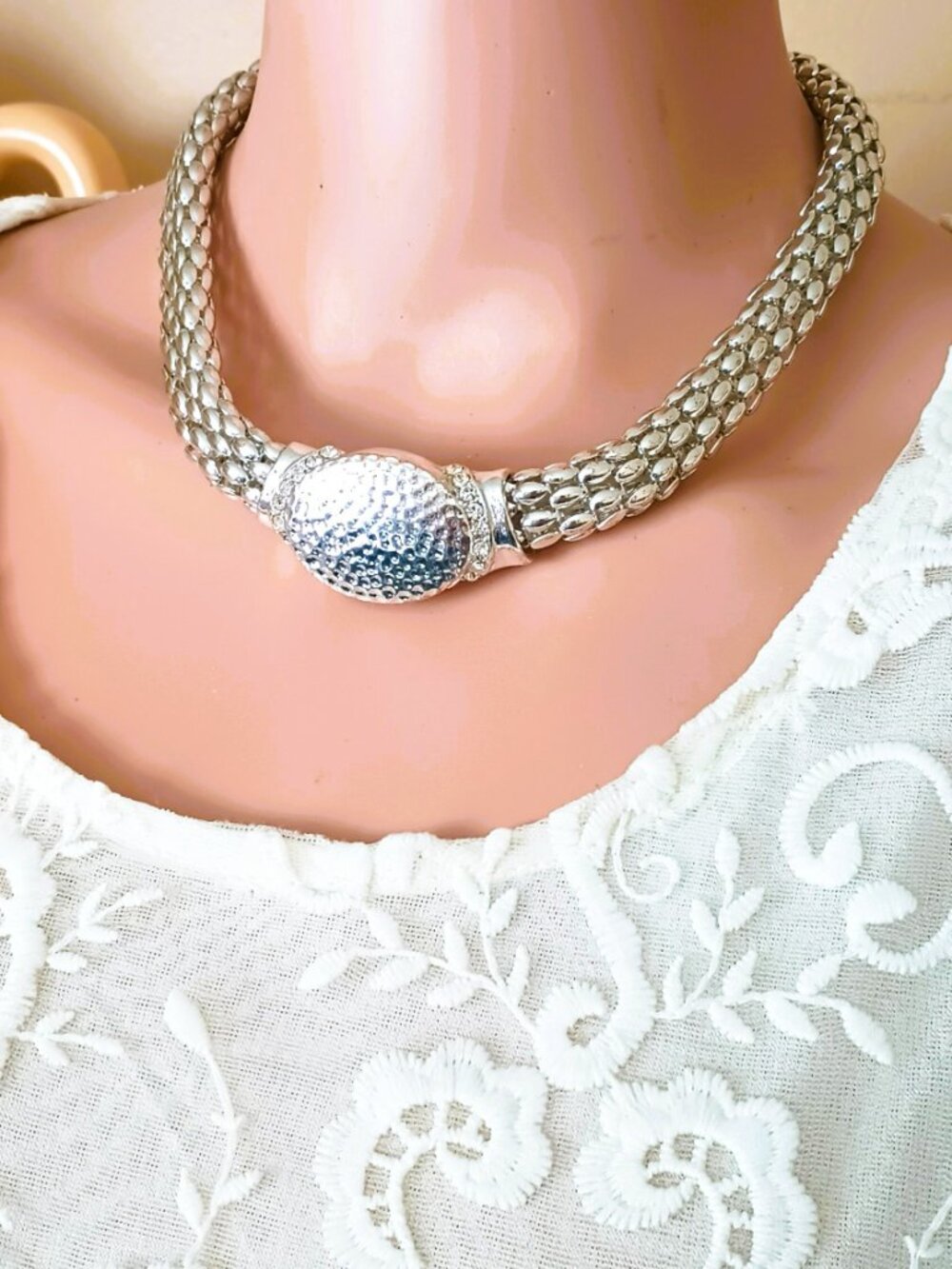 Magnetic Omega Mesh Collar Necklace 18" Silver Tone Flex Choker Jewelry